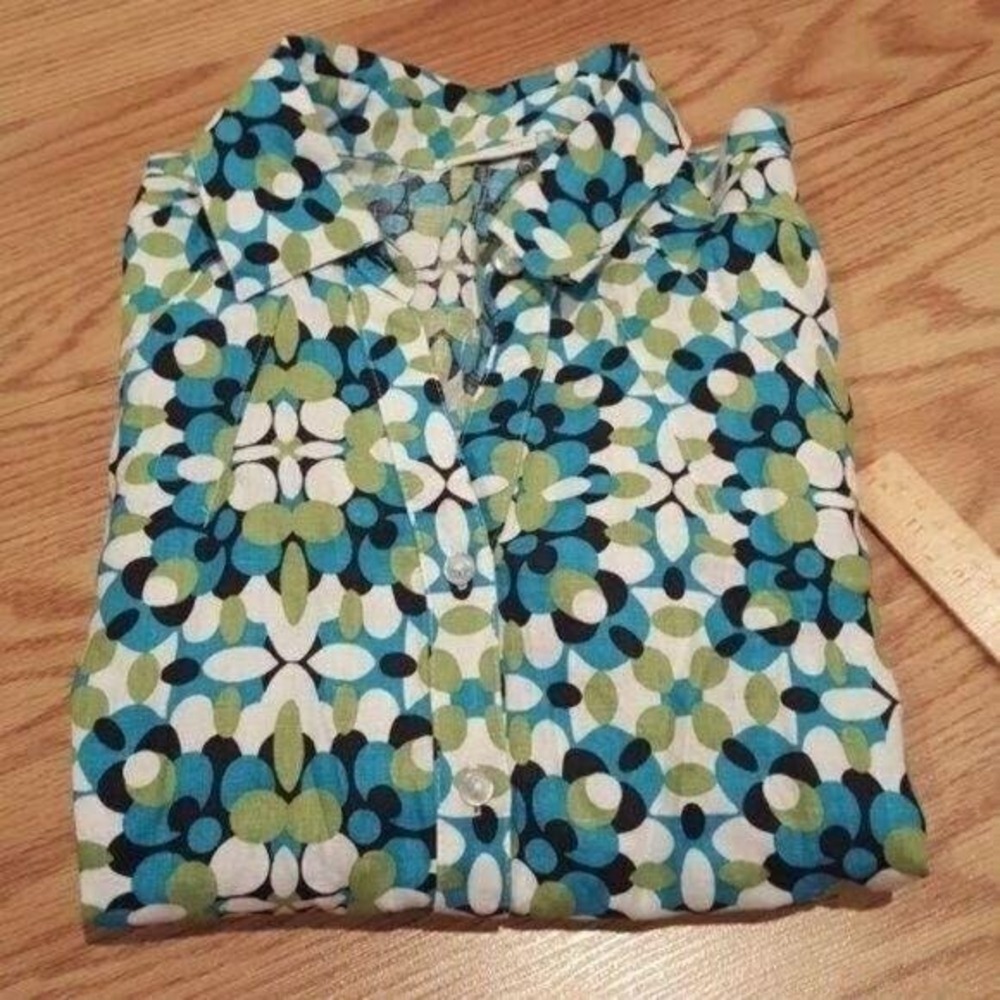 Kim Rogers Vintage Graphic Floral Pattern Short Sleeve Button Down Sz. LP Blouse